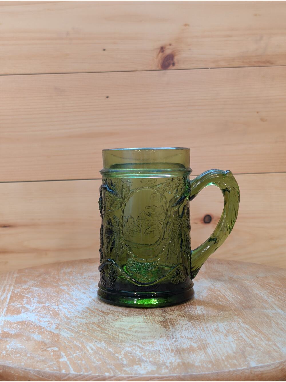 Vintage Green Pressed Glass Beer Mug – Grape Vine Relief Pattern - 5" tall